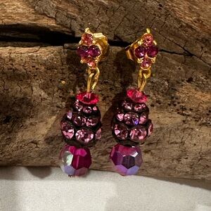 Pink Crystal Drop Earrings - Gold Tone